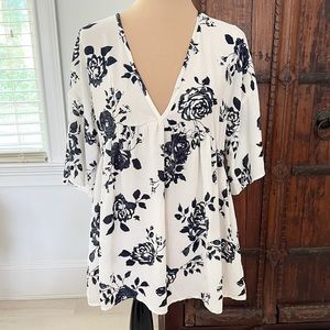 White & Navy Blue Floral Print Blouse